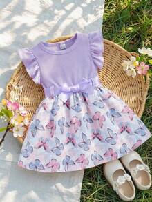 SHEIN Baby Girls' Casual Daily All-Match Versatile Cute Butterfly Print Dress With Belt, Suitable For Outings - Purple - View 4