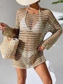 SHEIN Swim 女士纯色极简日常镂空度假风罩衫 - 駝色 - 查看 4