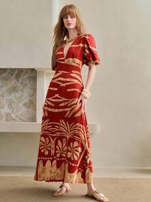 Arave Women's V-Neck Petal Sleeve Waist Cinched A-Line Floral Print Elegant Date Dress - Red - View 5