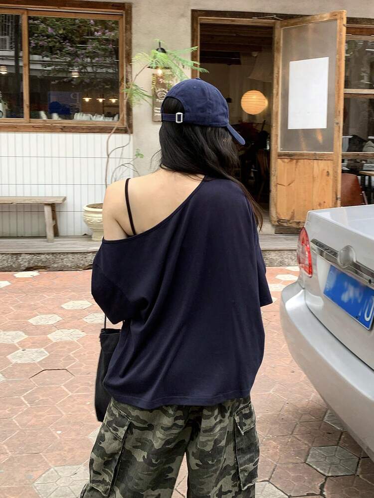 Letter Print Loose Asymmetrical Shoulder Short Sleeve Casual Summer Top T-Shirt For Women