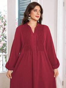 Lacomfia Plus Size Women Hollow Embroidered Button Collar Tie Waist Long Sleeve Dress - Red - View 5