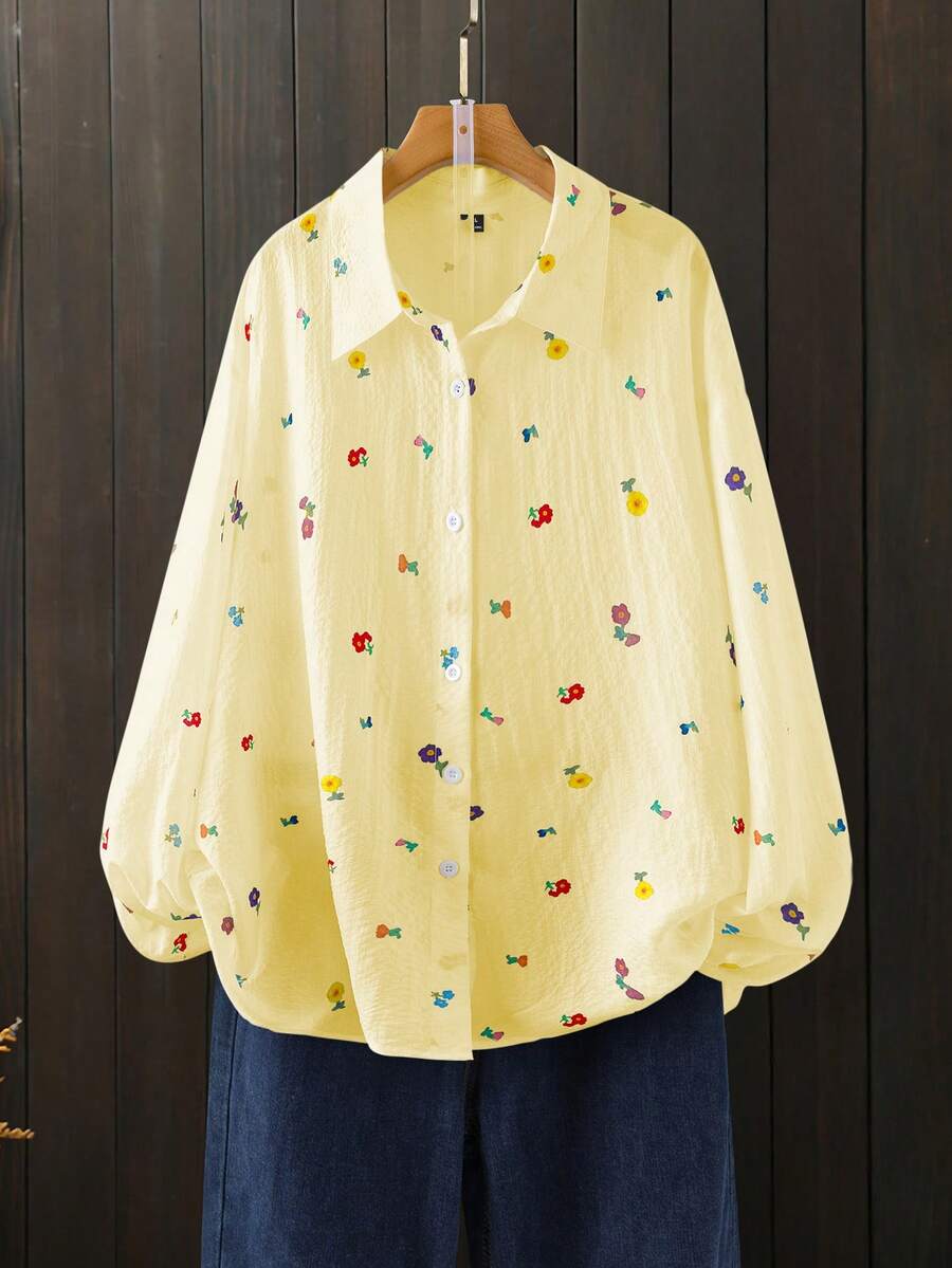 SHEIN LUNE Spring & Autumn New Ditsy Floral Print Casual Commuter Plus Size Shirt Fall - Yellow - View 1