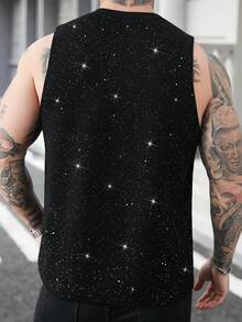Manfinity Homme Áo thun nam dáng rộng, chất liệu mềm mại, màu trơn, cổ tròn, không tay, với hiệu ứng ánh kim. Thích hợp cho kỳ nghỉ hoặc làm quà tặng cho bạn trai; lý tưởng cho phong cách đường phố thường ngày. - màu đen - Xem 2