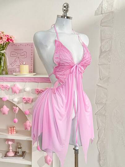 PetitDoll Women's Halter Nightgown, Front Tie-Up Design, 3D Butterfly Decor With Mesh Patchwork, Soft & Sexy