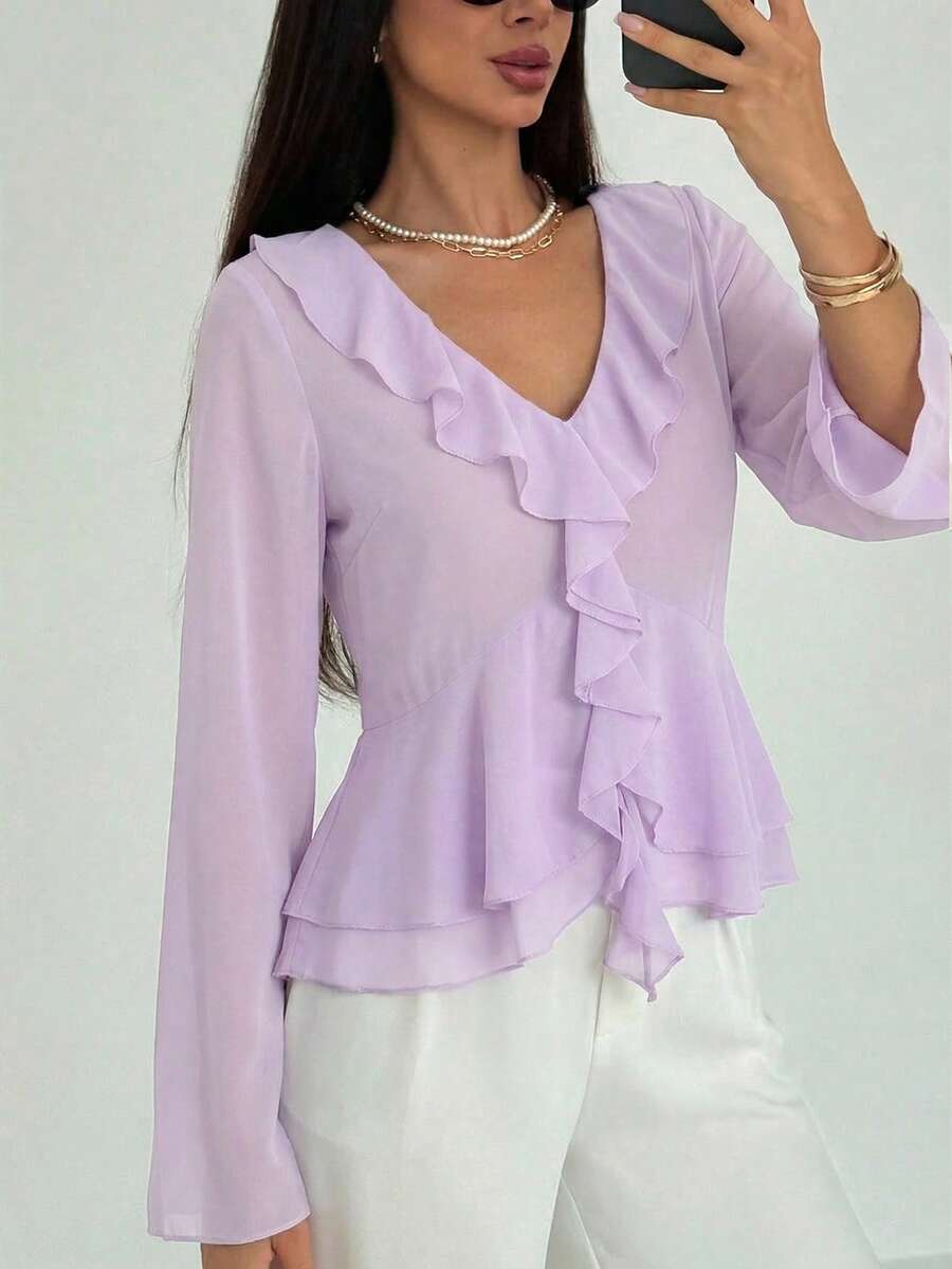 Aloruh Áo nữ kiểu dáng tối giản, thời trang thường ngày, phong cách Bohemian, cổ chữ V sâu, tay dài xòe, trang trí bèo nhún, thích hợp mặc đi làm. - Màu Lilac Tím - Xem 1