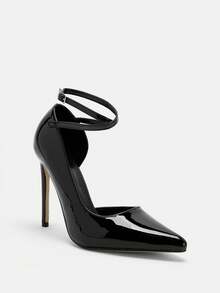 Glitzique Zapatos de mujer de estilo hada versátil con tiras de cuero negro, tacón alto fino de 12 cm de punta fina, tacones altos, sexy, para fiestas, de primavera/otoño - Negro - Ver 3