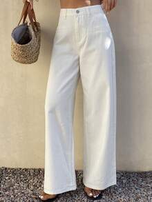 DAZY Women's Casual Solid White Pocket Washed Wide Leg Jeans, Spring/Summer - Beige - View 6