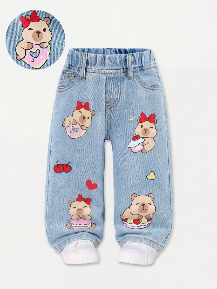 SHEIN Quần jean rộng màu xanh dương in hình chuột lang nước hoạt hình dễ thương cho bé gái. - Rửa nhẹ - Xem 1