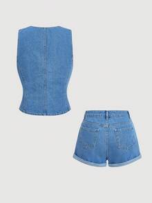 Sweetra Damen Einfarbiges minimalistisches Casual Ärmelloses Top und Denim Shorts Set - Mittele Waschung - Übersicht 2