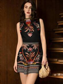 NOVVYNE 热带植物印花黑色时尚V领无袖收腰短款连衣裙，优雅夏季女装，波西米亚风格，适合夏季度假和海滩穿着。优雅女士迷你连衣裙，图案连衣裙，女士休闲连衣裙，女士优雅短款连衣裙，图案女装，优雅连衣裙 - 彩色 - 查看 3