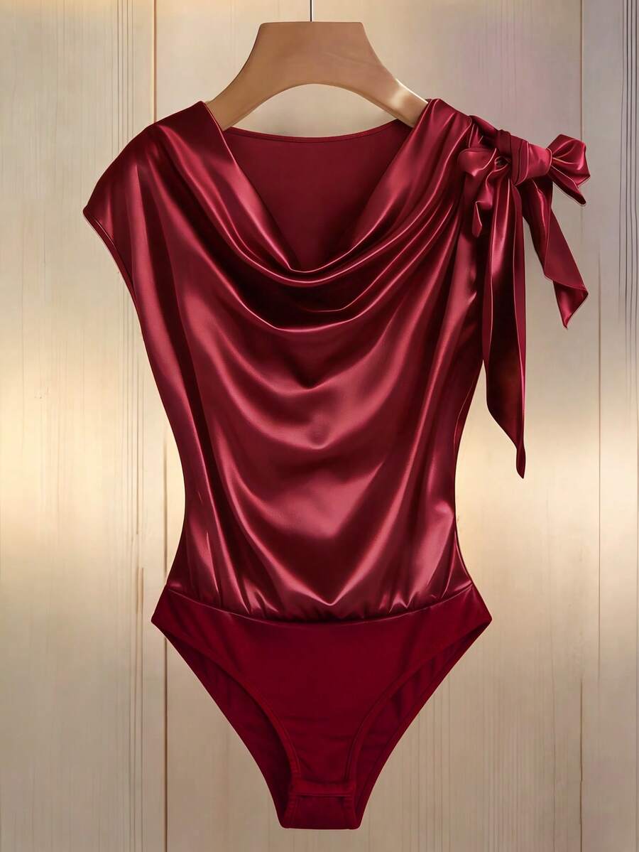 Franclia Elegant Bodysuit, Stretch Satin Bodysuit With Glossy Finish, Bow Shoulder Bodysuit, Everyday Bodysuit - Burgundy - View 1