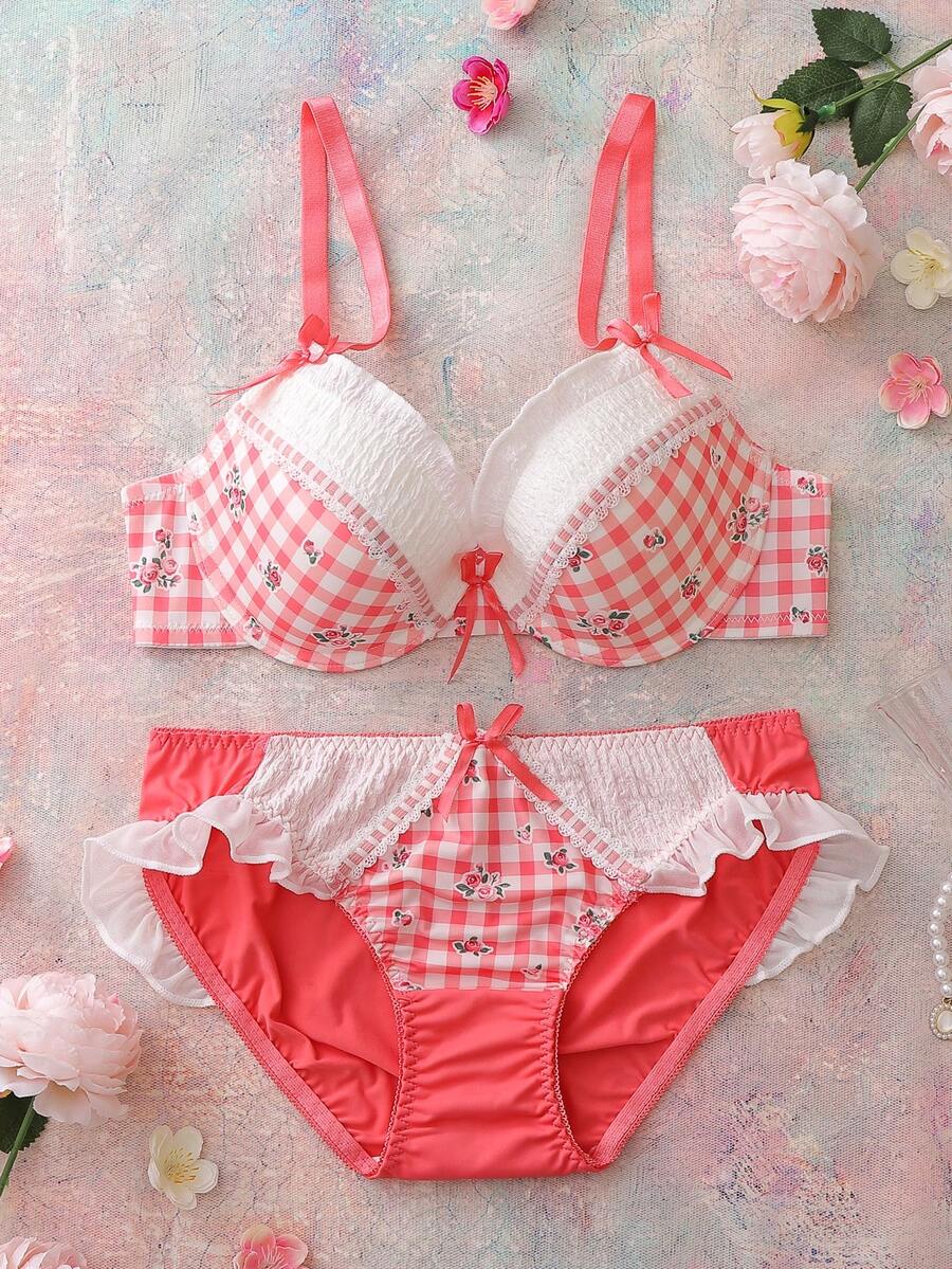 FloralLove Bộ 2 áo ngực satin họa tiết hoa dễ thương, có gọng, kiểu balconette, có đệm mút, không dây, viền bèo nhún, lưới, thoải mái, phong cách đồng quê, lãng mạn dành cho nữ. - Hồng - Xem 1
