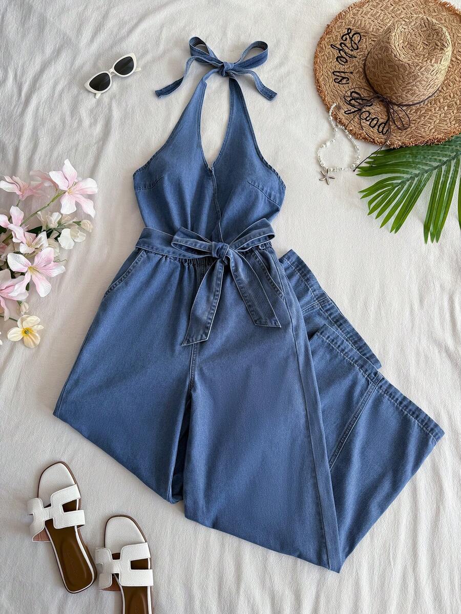 SHEIN Bộ jumpsuit denim ống rộng siêu dài, cổ yếm, hở lưng, buộc dây dành cho nữ - Màu xanh lam - Xem 1