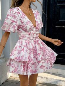 Pariaura Vestido mini de moda con escote en V profundo, volantes y mangas cortas con pétalos con estampado de plantas para vacaciones de mujer - Rosa - Ver 5