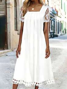 SHEIN Holidaya Vestido holgado de longitud media con cuello cuadrado, mangas cortas raglán, encaje y pliegues - Blanco - Ver 6