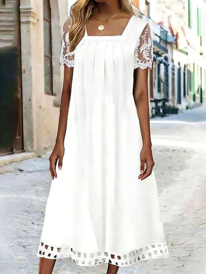 EMERY ROSE 女士方领插肩短袖蕾丝拼接褶裥宽松中长连衣裙