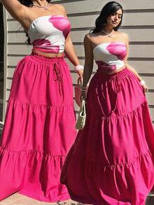 Sunnyshic Set de 2 piezas con top tubo y falda maxi con estampado floral rosa de moda para verano, conjunto de playa - Rosa - Ver 1