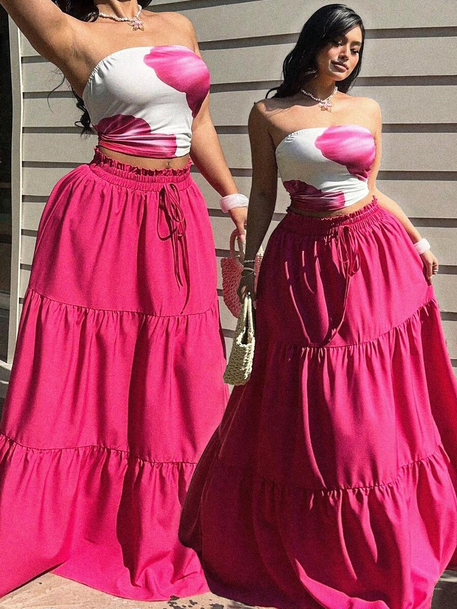 Sunnyshic Set de 2 piezas con top tubo y falda maxi con estampado floral rosa de moda para verano, conjunto de playa - Rosa - Ver 1