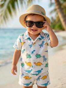 2件套幼儿男童恐龙动物印花短袖衬衫和松紧腰短裤套装，适合夏季、通勤、上学、休闲、度假，尺码6个月至3岁，儿童服装，婴儿服装，婴儿T恤，婴儿短裤 - 彩色 - 查看 6