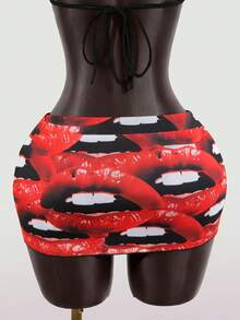 SaltGleam SaltGleam Women's Sexy Red Lips Printed Mini Bodycon Knitted Skirt - Red - View 2