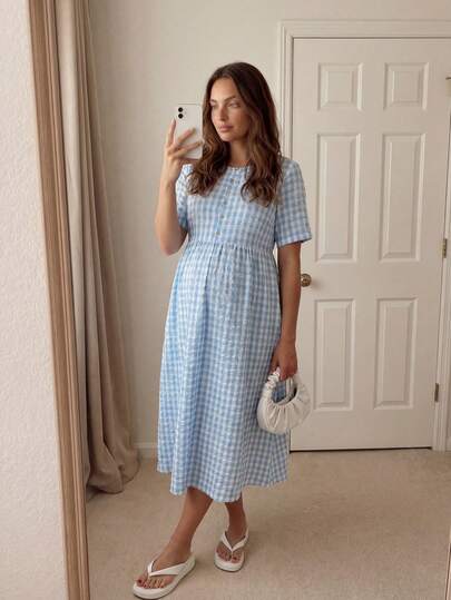 SHEIN Maternity Casual Plaid Button-Up Short Sleeve Dress, Summer Blue Gingham Dress Button Down Dress Short Sleeve Summer Dress Blue And White Dress Women Picnic Dress For Woman Pregnancy Dress Maternity Dress Summer Nursing Dress