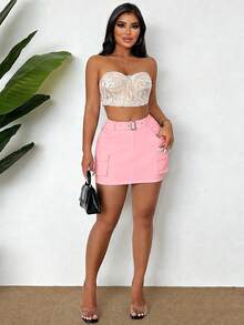 VaVaBold Women's Solid Color Utility Pocket Casual Bodycon Mini Skirt - Pink - View 4