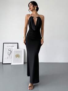 Rafferiza Đầm maxi dáng đuôi cá ôm sát cơ thể, cổ xếp ly, đính hạt cườm, dành cho nữ mùa xuân/hè, đầm dự tiệc/đầm đen/đầm nữ/đầm đen - màu đen - Xem 4