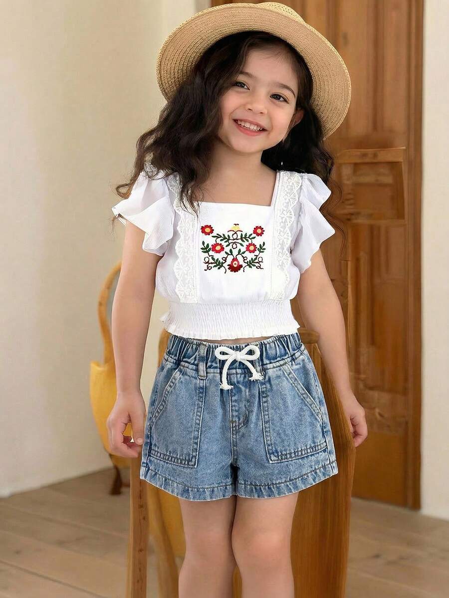 Girls' Casual Denim Shorts, Light Blue Elastic Waistband Jeans For Young Girls, Summer Versatile Cute Little Jean Shorts For Comfort