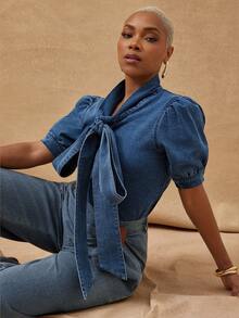 Vixey Denim Volume Balloon Sleeve Tie Neck Blouse, Street Style, Off Duty, Casual Chic - Dark Wash - View 1