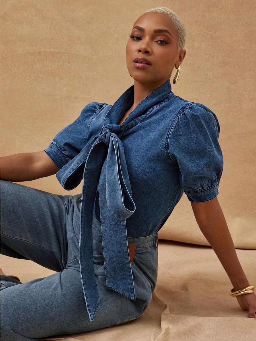 Vixey Denim Volume Balloon Sleeve Tie Neck Blouse, Street Style, Off Duty, Casual Chic - Dark Wash - View 1