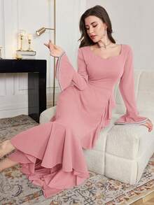 Modelyn Women's Extra Long Flared Sleeve Asymmetrical Ruffle Hem Dress, Autumn,Dusty Pink Dress Elegant Dress For Women Flare Sleeve Dress Dress For Women High Quality Dress Zanea Dress For Woman Ruffle Sleeve Dress Long Sleeve Dress Women Dress Wedding Dinner - Pink - View 4