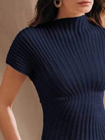 Anewsta New Spring/Summer Slim Fit Mandarin Collar Unique Youthful Office Commute Versatile Elegant Minimalist Short Sleeve Knit Top