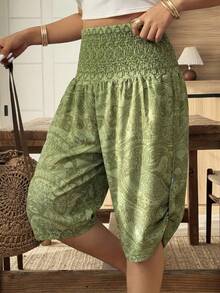 Weeklong Pantalones estampados con diseño de hebilla de cintura suelta para vacaciones, talla grande, primavera/verano - Verde - Ver 4