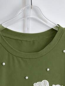 SHEIN Tall CURVE 大码女式夏季水钻装饰圆领T恤 - 綠色 - 查看 3