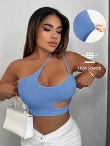 SHEIN SXY 大码性感纯色镂空吊带露脐吊带背心 - 藍色 - 查看 3