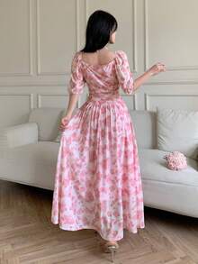 Feyla Nuevo vestido elegante y ajustado con volantes con estampado floral en el bajo, estilo romántico de vacaciones, color rosa - Multicolor - Ver 7