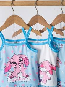 Baby Girl 8pcs/Set Pink And Blue Summer Cute Holiday Knitted Camisole Shorts Set,Rabbit Heart Colorblock Homewear Easter Sleeveless Pijamas Toddler - Blue - View 3