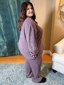 Enliva 2pcs Plus Size Solid Color Rib Knit Long Sleeve Top And Pants Set, Casual Autumn, For Apple Rounded Body Shape - Purple - View 4