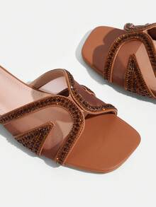 CUCCOO TILAWA Shiny Rhinestone Women's Flat Sandals With A Luxurious Style, Outdoor Vacation Style, Crown Rhinestone Women's Casual Commuting Flat Sandals Valentine's Day Summer Shoes - Brown - View 6