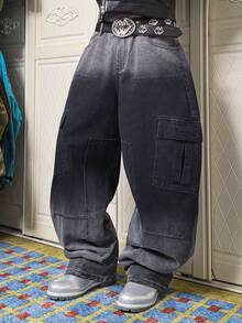 PAVTROS 男士街头时尚休闲多口袋拼接褶裥阔腿黑色牛仔裤 - 黑色 - 查看 1