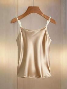 SHEIN Áo hai dây satin cổ yếm thanh lịch, thời trang tối giản, đa năng dành cho nữ, đính ngọc trai, thích hợp cho mùa xuân/hè. - Rượu sâm banh - Xem 2
