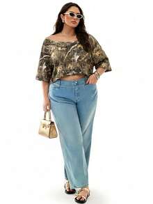 SHEIN EZwear 植物印花休闲宽松大码女式落肩T恤 - 彩色 - 查看 10