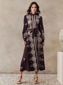 Anewsta 紫色V领花瓣袖花卉刺绣腰带优雅复古连衣裙，适合女士，春夏款 - 紫色 - 查看 5