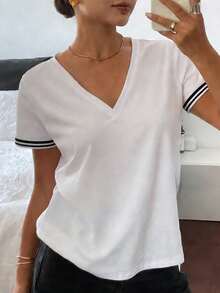 Livesso Women's Casual Loose Striped Print V-Neck Short Sleeve T-Shirt - White - View 5