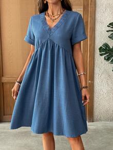 EMERY ROSE Đầm ngắn kiểu babydoll cổ chữ V thoải mái cho nữ mùa hè, trang phục đi biển, đầm đi chơi, đầm hè cho nữ, đầm tốt nghiệp cho nữ, đầm thường ngày cho nữ, trang phục nghỉ hè, đầm đi nghỉ mát, đầm đi chơi, đầm hè cho nữ, đầm hè thường ngày cho nữ - Màu xanh lam - Xem 1