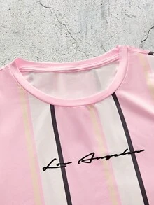 EVRINFINITE Men Striped & Letter Graphic Short Sleeve Tee, Vacation, Boyfriend Gift, Summer,Summer Soccer Jersey - Multicolor - View 3