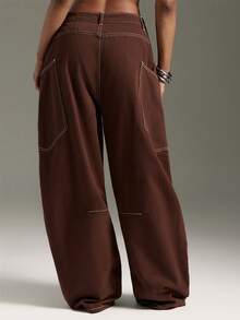 Denimoi Quần ống rộng, túi ngoại cỡ, phong cách đường phố thời trang, quần jeans boyfriend lấy cảm hứng từ thập niên 90. - màu nâu - Xem 3