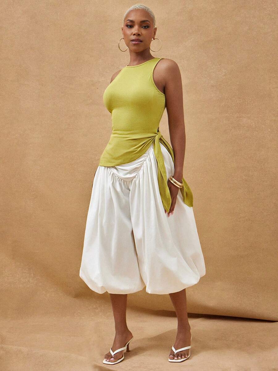 Vixey Solid Ribbed Side Tie Asymmetrical Hem Tank Top - Green - View 1