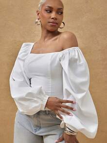 Vixey Enfärgad vävd blus med puffärmar och volym - Vitt - Visa 5