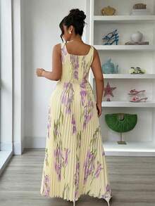 Elenzga Robe plissée imprimée violette, une robe longue sans manches avec une taille cintrée. Ce vêtement grande taille est parfait pour le printemps et l'été, convient pour les vacances, les escapades douces, les sorties décontractées et les fêtes - Multicolore - Voir 2